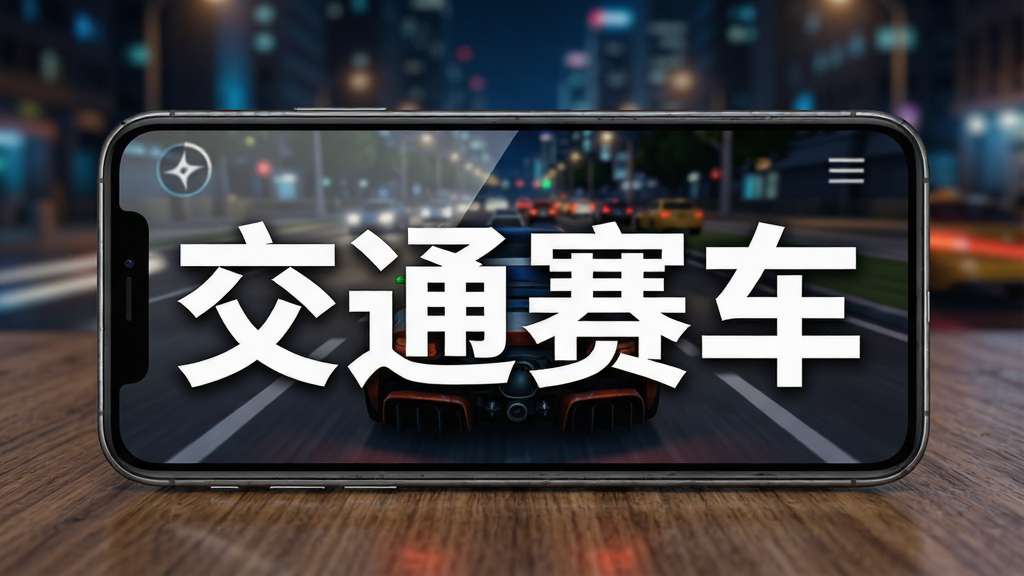 一部智能手机放在桌面上,屏幕显示交通赛车的游戏主界面,背景是模糊的城市夜景,风格简洁现代,细节包括手机边框、屏幕反光、桌面木纹,画质高清干净,图片中央用白色粗体字写着“交通赛车”