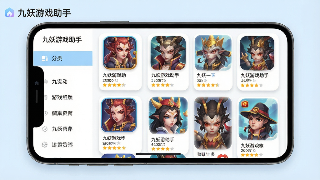 九妖游戏助手游戏库页面展示,画面主体为手机屏幕内呈现游戏分类网格布局,左侧为分类导航栏,右侧为游戏封面卡片瀑布流;布局采用左右分栏排版,视觉重心集中在屏幕中央;风格为清新浅色系扁平化设计,配色以白色和淡蓝色为主;细节上每个游戏卡片带有圆角与轻微投影,卡片内显示游戏名称和星级评分,画面中带文字“九妖游戏助手”;画质高清,画面干净,无多余装饰元素