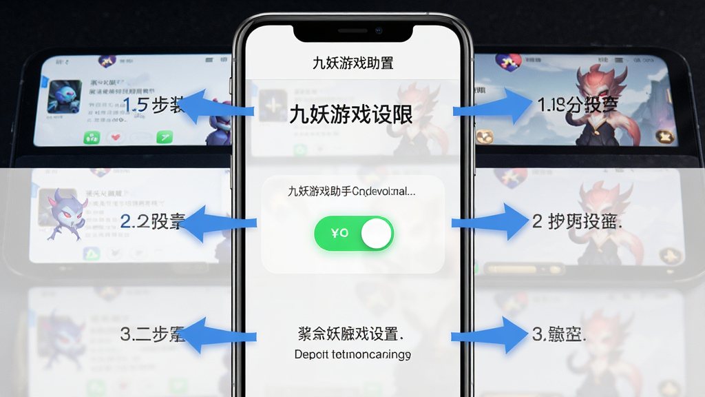 九妖游戏助手移动端安装步骤示意图,画面为手机屏幕展示安装权限设置页面,屏幕中央有开关按钮和提示文字,周围有箭头引导操作步骤;布局采用上下分步式排版,每一步用数字标注;风格为简洁教程风,配色以白色、蓝色和浅灰为主;细节上开关按钮带有绿色高亮,文字清晰易读,画面中带文字“九妖游戏助手”;画质高清,画面干净无杂乱元素