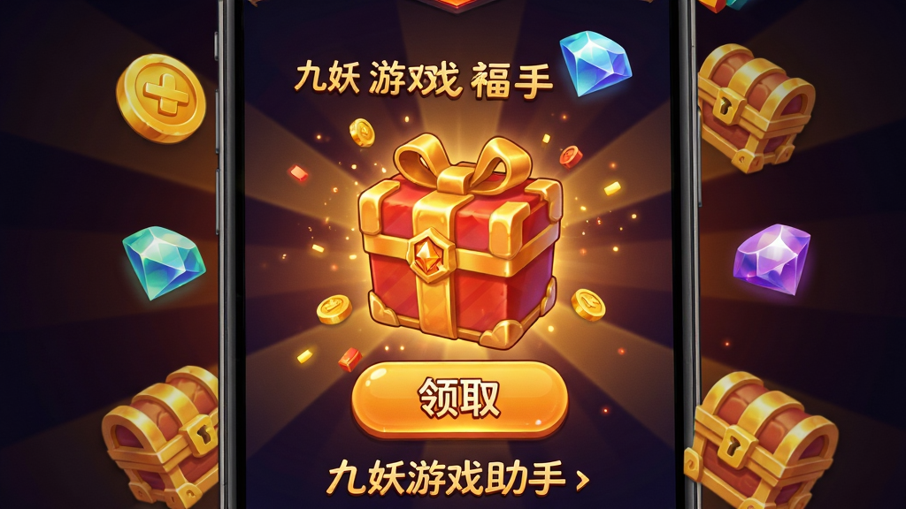 九妖游戏助手福利中心界面,画面为手机屏幕特写,屏幕中央展示一个礼包图标和“领取”按钮,周围环绕金币、钻石、宝箱等游戏道具元素;布局采用中心辐射式构图,礼包位于视觉焦点;风格为活泼卡通风,配色以金色、红色和橙色为主,营造喜庆氛围;细节上礼包带有光泽和粒子特效,背景为深色渐变以突出主体,画面中带文字“九妖游戏助手”;画质高清,元素干净利落