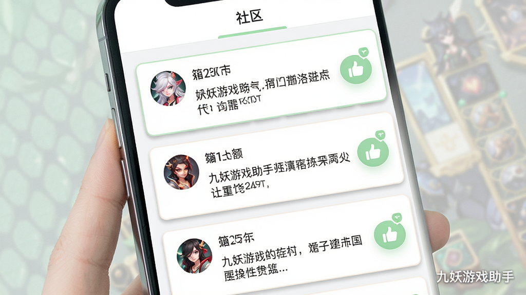 九妖游戏助手社区交流页面,画面为手机屏幕显示论坛帖子列表,每个帖子包含用户头像、昵称、文字内容和点赞按钮,屏幕顶部有“社区”标签;布局采用垂直列表排版,信息层级分明;风格为清新社交风,配色以白色、浅绿和淡灰为主;细节上头像为圆形,帖子卡片带有细边框和轻微阴影,画面中带文字“九妖游戏助手”;画质高清,排版整齐干净