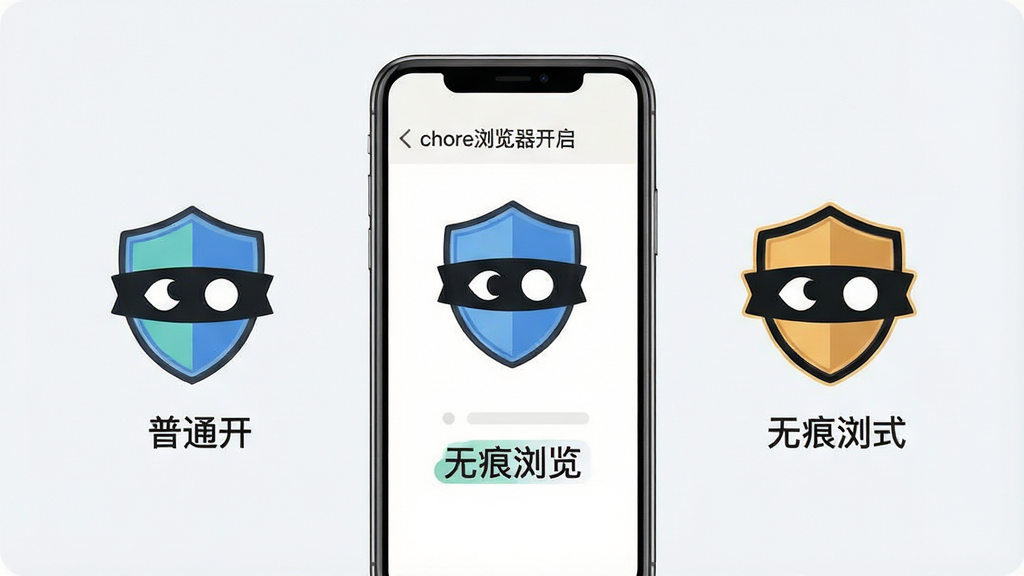 一张体现chore浏览器无痕浏览功能的预览图,画面中央是一部手机,屏幕上显示无痕模式开启界面,配有盾牌与眼睛被遮住的图标元素,布局为左右分栏,左侧为普通模式图标,右侧为无痕模式图标,风格为简约安全主题插画,细节上标注