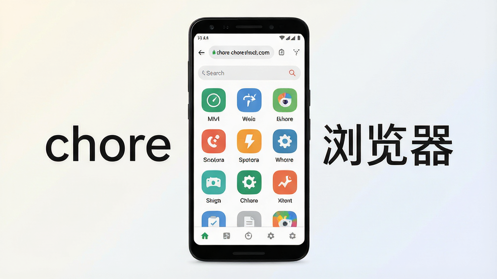 一张展示chore浏览器手机端界面的预览图,画面中央是一部竖屏安卓手机,屏幕上显示chore浏览器的首页,顶部有地址栏和搜索框,中间是常用网站图标网格,底部是导航按钮,整体布局简洁清爽,风格为现代扁平化UI设计,细节上突出轻量极速的视觉感受,画质清晰干净,无多余元素,背景为浅色渐变,画面中文字标注