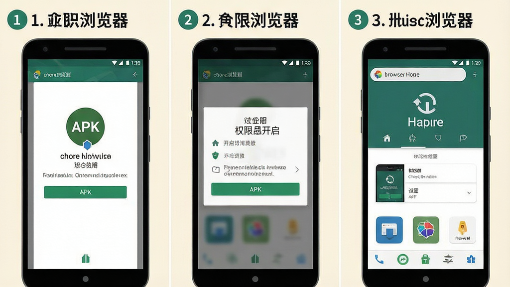 一张展示chore浏览器安装与设置引导的预览图,画面为手机屏幕分步操作示意图,共三个步骤,第一步显示APK安装界面,第二步显示权限开启界面,第三步显示浏览器首页,布局为横向三格分镜,风格为教程说明式扁平插画,细节上标注