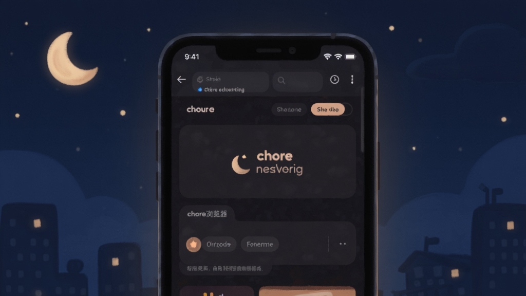 一张表现chore浏览器夜间模式的预览图,画面为手机在暗光环境下显示深色网页界面,屏幕发出柔和光线,布局为居中手机特写,风格为温馨护眼主题插画,细节上标注