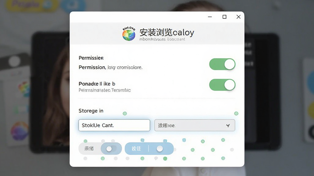 彩虹浏览器安装设置界面,画面显示权限开关与存储选择选项,布局清晰,风格简洁,细节干净,画质清晰