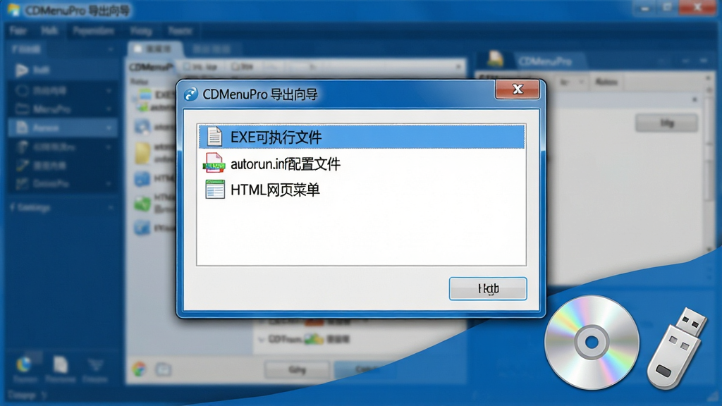 一张展示CDMenuPro输出打包功能的图片,画面中央是一个文件导出对话框,对话框中列出了“EXE可执行文件”“autorun.inf配置文件”“HTML网页菜单”等选项,背景是软件主界面,右下角有一个光盘图标和U盘图标,整体色调偏商务蓝,窗口标题栏显示“CDMenuPro 导出向导”,画质清晰,布局规整,无多余元素