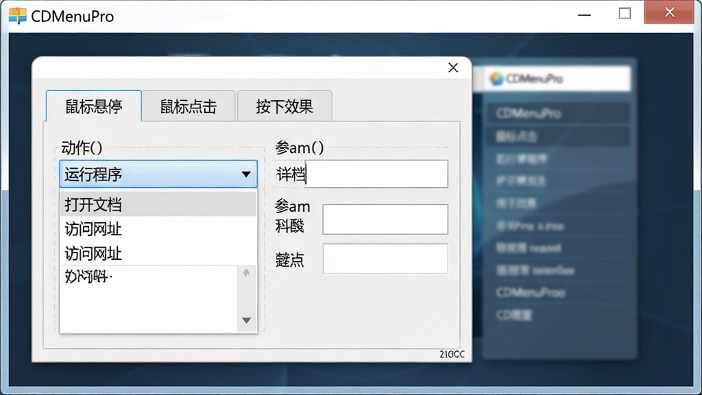 一张展示CDMenuPro交互设置界面的图片,画面中软件界面显示一个按钮属性面板,面板内列出了“鼠标悬停”“鼠标点击”“按下效果”等选项卡,下方有动作下拉菜单显示“运行程序”“打开文档”“访问网址”等选项,旁边有参数输入框,背景是菜单预览图,整体风格专业简洁,窗口标题栏有“CDMenuPro”字样,画质清晰,干净无多余元素