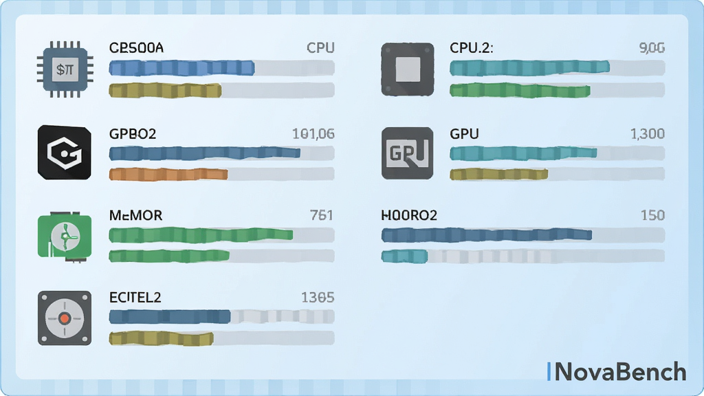 一张电脑硬件信息面板的特写截图风格画面,面板上整齐排列着CPU、GPU、内存、硬盘等图标与数据条,背景是淡蓝色渐变,右下角标注