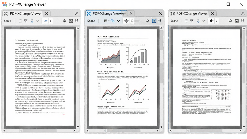 一幅展示PDF-XChange Viewer多标签页阅读界面的图片,画面中同时打开三个PDF文档标签,每个标签页显示不同内容,有文字文档、图表报告和扫描件。布局为横向排列,排版清晰。风格为科技感软件截图,细节包括标签栏上的关闭按钮、滚动条和缩放比例显示。画质高清,画面干净,无多余元素。