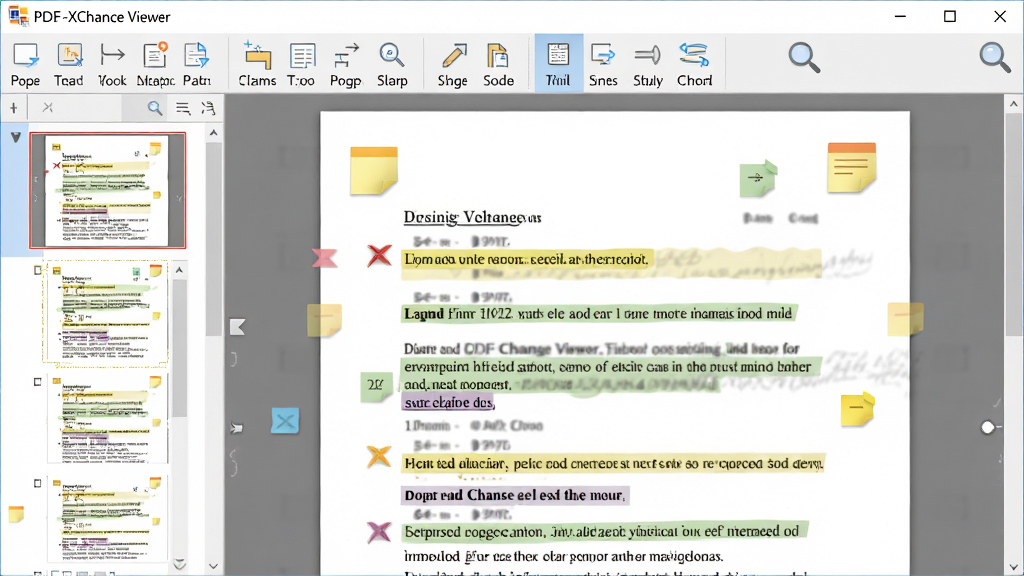 一张展示PDF-XChange Viewer软件界面的全景图,画面中央是清晰的PDF文档阅读窗口,左侧为书签缩略图面板,顶部工具栏排列着注释、测量、导出等图标按钮。布局采用居中构图,排版简洁有序。风格为现代软件界面展示,细节包括文档中的高亮标注、便签图标和工具栏上的放大镜元素。画质高清,画面干净,无多余元素。