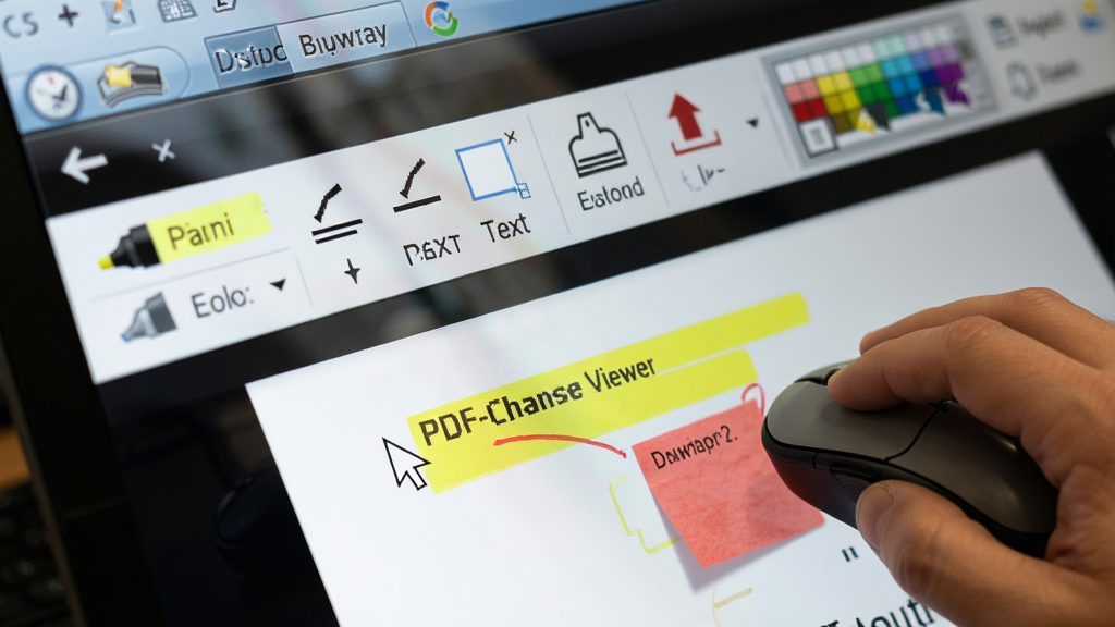一张展示PDF-XChange Viewer注释工具栏的特写图,画面中一只手握着鼠标正在给PDF文档添加黄色高亮和红色便签,工具栏上排列着高亮笔、下划线、文本框、图章等图标。布局采用局部放大构图,排版紧凑。风格为办公场景写实,细节包括屏幕上的反光、鼠标指针和注释颜色选择器。画质高清,画面干净,无多余元素。