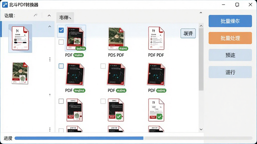 一张展示北斗PDF转换器批量处理功能的图片,主体是软件界面中多个PDF文件排列在任务列表中同时进行转换,布局为左侧文件列表、右侧批量操作按钮、底部进度条,排版整齐有序,风格为清爽办公风,细节包括多个PDF缩略图、批量勾选框、转换状态标签,画质清晰,画面干净无多余元素。