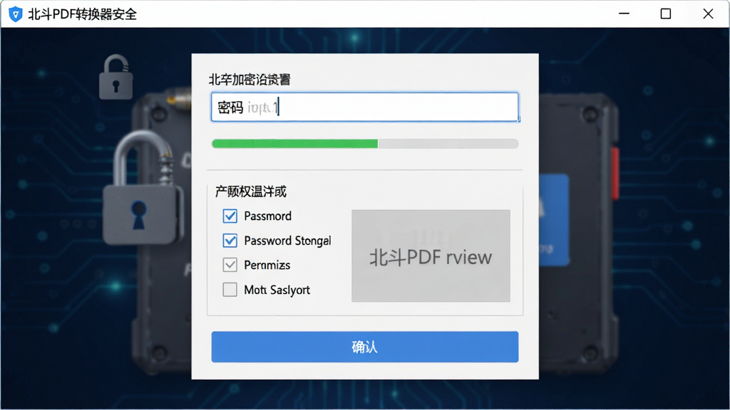 一张展示北斗PDF转换器安全加密功能的图片,主体是软件界面中显示PDF文件加密设置面板,布局为上方密码输入框、中间权限勾选区域、下方确认按钮,排版简洁明了,风格为安全科技风,细节包括锁形图标、密码强度指示条、水印预览区域,画质清晰,画面干净无多余元素。