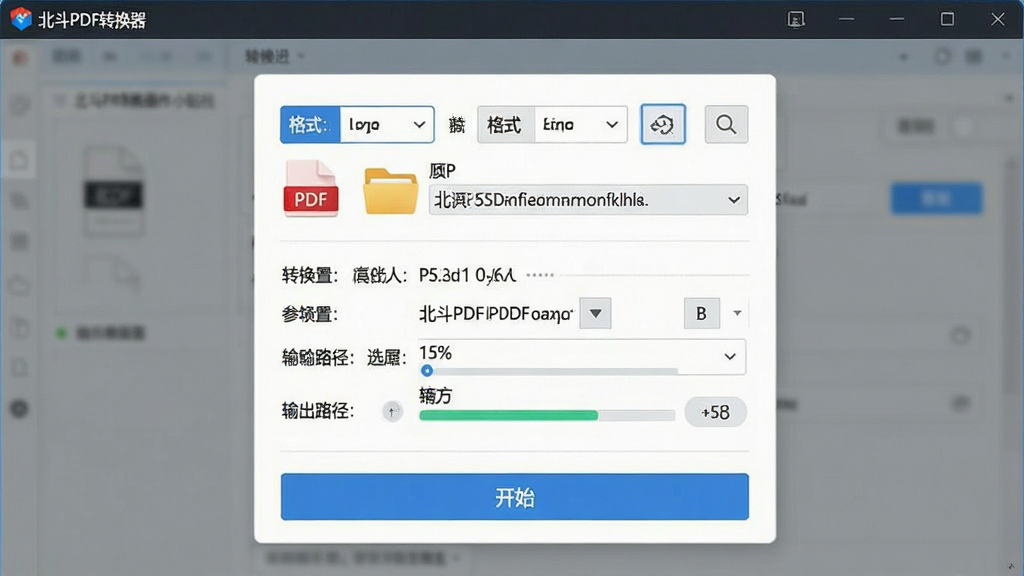 一张展示北斗PDF转换器操作小贴士的图片,主体是软件界面中显示转换设置面板与输出路径选择区域,布局为上方格式选择栏、中间参数设置区、下方开始按钮,排版清晰直观,风格为现代办公风,细节包括PDF文件图标、文件夹路径、进度百分比,画质清晰,画面干净无多余元素。