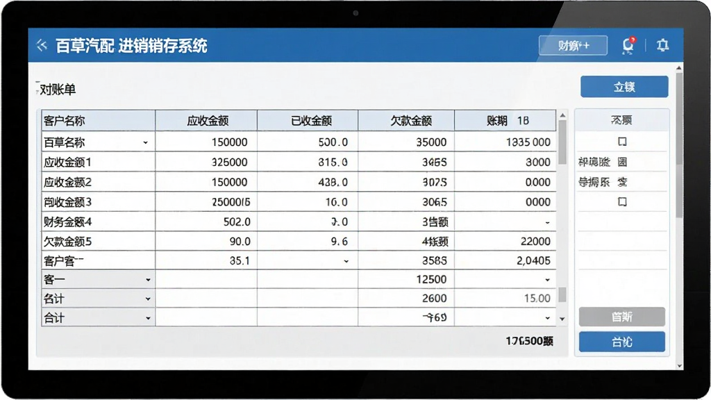 一张展示百草汽配进销存系统财务对账功能的界面图片,画面中电脑屏幕显示对账单表格,包含客户名称、应收金额、已收金额、欠款金额、账期等列,底部有合计行,界面风格为简洁财务风,细节包含数字、表格线、按钮,画质清晰,画面干净,无多余元素