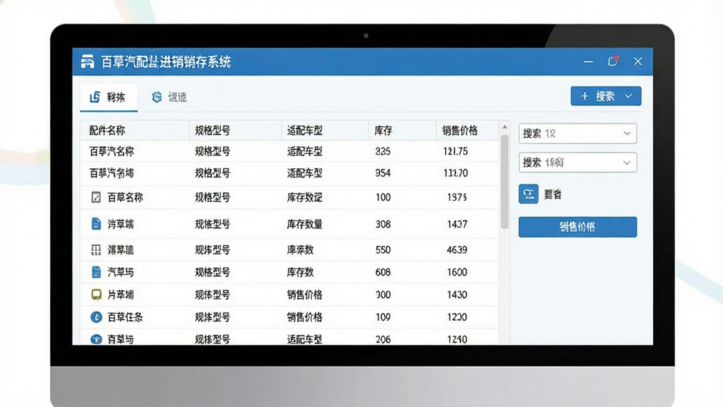 一张展示百草汽配进销存系统配件管理功能的界面图片,画面主体是电脑屏幕上的软件窗口,窗口内显示配件列表,包含配件名称、规格型号、适配车型、库存数量、销售价格等列,右侧有筛选和搜索框,界面风格为清爽的浅色商务风,细节包含表格线条、图标、按钮,画质清晰,画面干净整洁,无多余元素