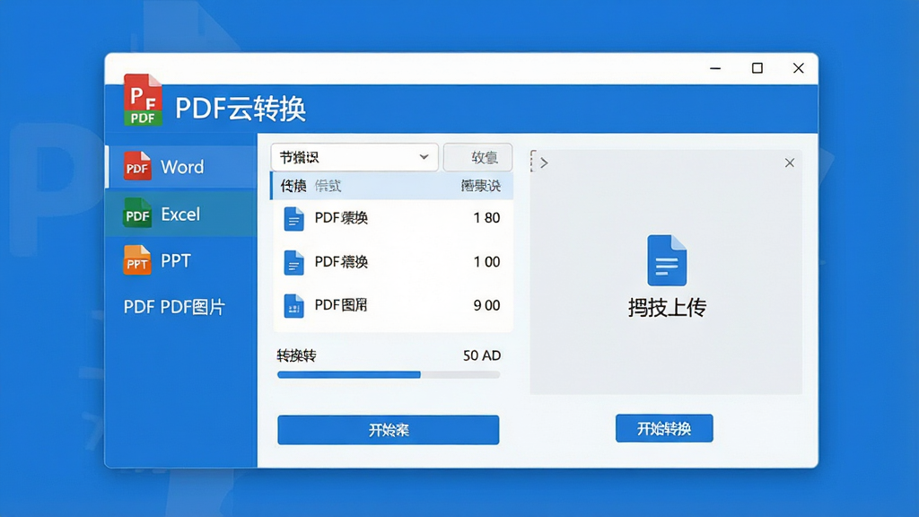 一张展示PDF云转换软件主界面的产品截图风格图片,画面中央是简洁的软件操作窗口,左侧为功能导航栏包含PDF转Word、PDF转Excel、PDF转PPT、PDF转图片等选项,右侧为文件拖拽上传区域,窗口上方有PDF云转换的品牌标识,整体布局清晰规整,风格为现代扁平化设计,配色以蓝白为主,细节包括文件列表、转换进度条、开始转换按钮,画质高清,画面干净,无多余元素