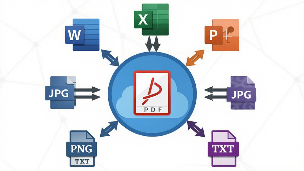 一张展示PDF云转换多格式转换功能的示意图,画面以PDF云转换为中心,周围环绕着Word、Excel、PPT、JPG、PNG、TXT等格式图标,图标之间用双向箭头连接,布局为放射状环形构图,风格为简洁商务信息图,细节包括格式图标配色区分、箭头流向清晰、中心品牌标识醒目,画质高清,画面干净,无多余元素