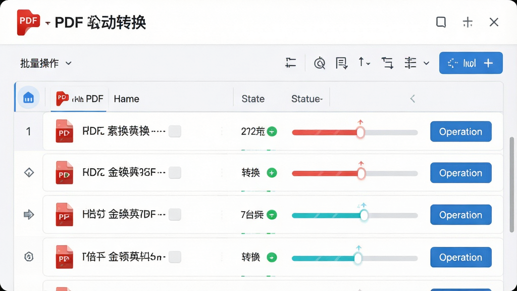 一张展示PDF云转换批量处理界面的产品截图风格图片,画面中是一个文件队列管理面板,列表内包含多个PDF文件条目,每条显示文件名、转换状态、进度条和操作按钮,面板上方有PDF云转换的品牌标识和批量操作工具栏,布局为上下结构,风格为现代办公软件界面,细节包括状态颜色区分、进度动画效果、队列排序标识,画质高清,画面干净,无多余元素
