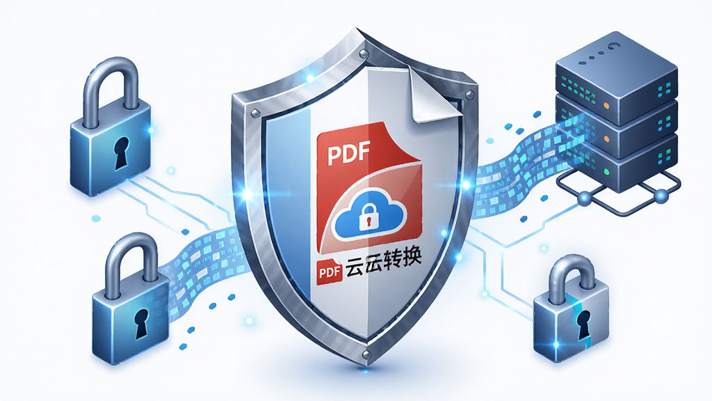 一张以PDF云转换为主题的数据安全概念图,画面中央是一个带有盾牌图标的PDF文档,盾牌上标注PDF云转换的品牌标识,周围环绕着加密锁、数据流、服务器等元素,布局为中心突出构图,风格为安全科技插画,细节包括盾牌金属质感、加密光效、数据流动态感,画质高清,画面干净,无多余元素