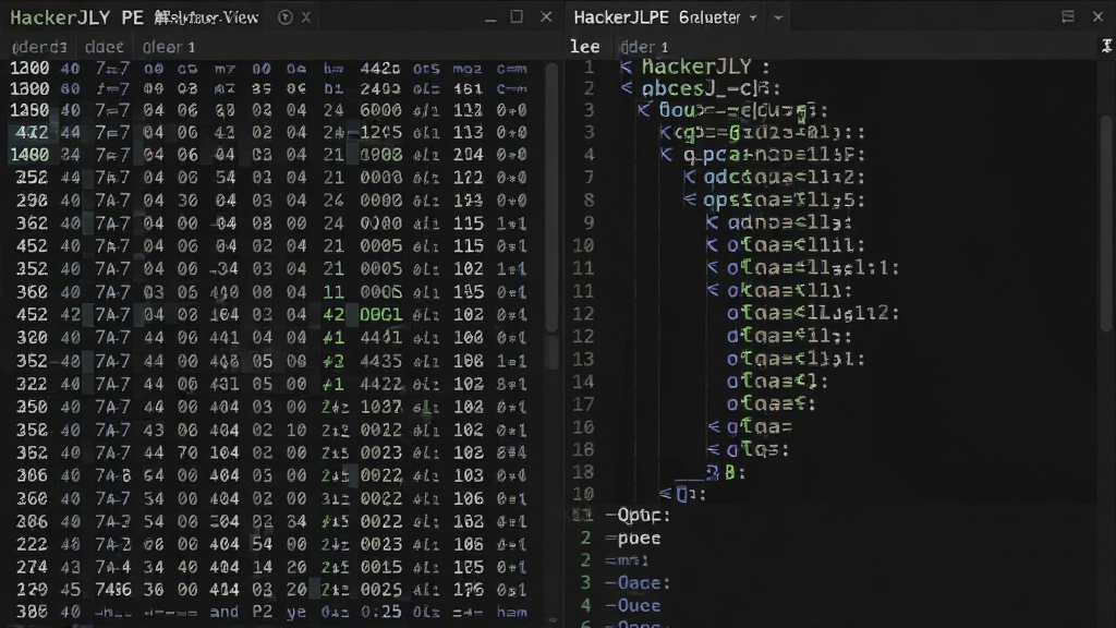 一张HackerJLY PE 解析器十六进制视图界面截图,主体为左侧十六进制字节网格与右侧反汇编指令列表,布局为并排双栏,风格为深色代码编辑器风格,细节有地址列、字节分组、指令助记符高亮,画质清晰,干净,无多余元素