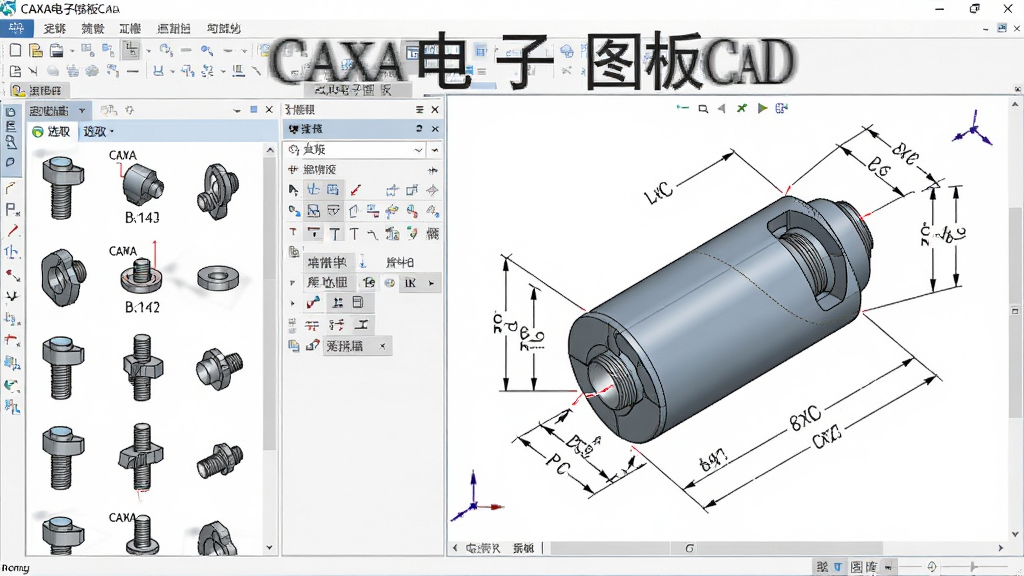 一张展示CAXA电子图板CAD标准件图库与尺寸标注功能的图片,主体为软件界面中标准件选取面板与标注工具同时展示,布局为左侧图库列表、右侧绘图区带有尺寸标注的零件图,排版清晰,风格为工程技术软件截图风格,细节包括螺栓图形、公差标注文字、粗糙度符号等,画面中带有“CAXA电子图板CAD”文字标识,画质清晰、干净、无多余元素