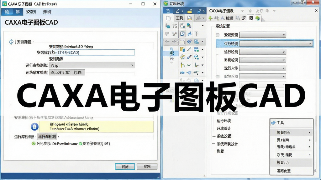 一张展示CAXA电子图板CAD安装与运行优化技巧的图片,主体为软件安装向导界面与系统配置面板同时展示,布局为左侧安装步骤截图、右侧运行环境设置选项,排版清晰,风格为软件教程截图风格,细节包括安装路径选择框、运行库检测提示、工具栏恢复菜单等,画面中带有“CAXA电子图板CAD”文字标识,画质清晰、干净、无多余元素