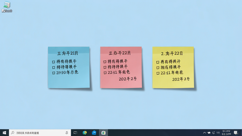 一张Windows电脑桌面全景图,桌面中央摆放着三张不同颜色的方形便签纸,便签上写有中文待办事项和日期,便签边缘有轻微阴影,背景是干净的浅蓝色桌面壁纸,右下角有任务栏,整体风格简洁清新,画质清晰,干净,无多余元素