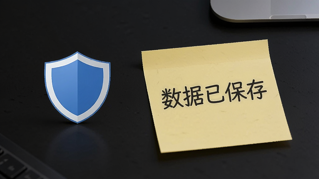 一张电脑桌面局部图,桌面上有一张便签写着中文“数据已保存”,旁边有一个盾牌图标表示安全,背景是深色桌面,画面简洁,画质清晰,干净,无多余元素