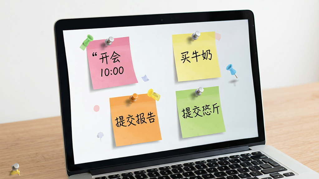一台打开的笔记本电脑,屏幕桌面上贴着四张彩色便签,便签上写有中文“开会 10:00”“买牛奶”“提交报告”等字样,便签有图钉装饰,桌面背景是简约木纹,画面干净明亮,画质清晰,无多余元素