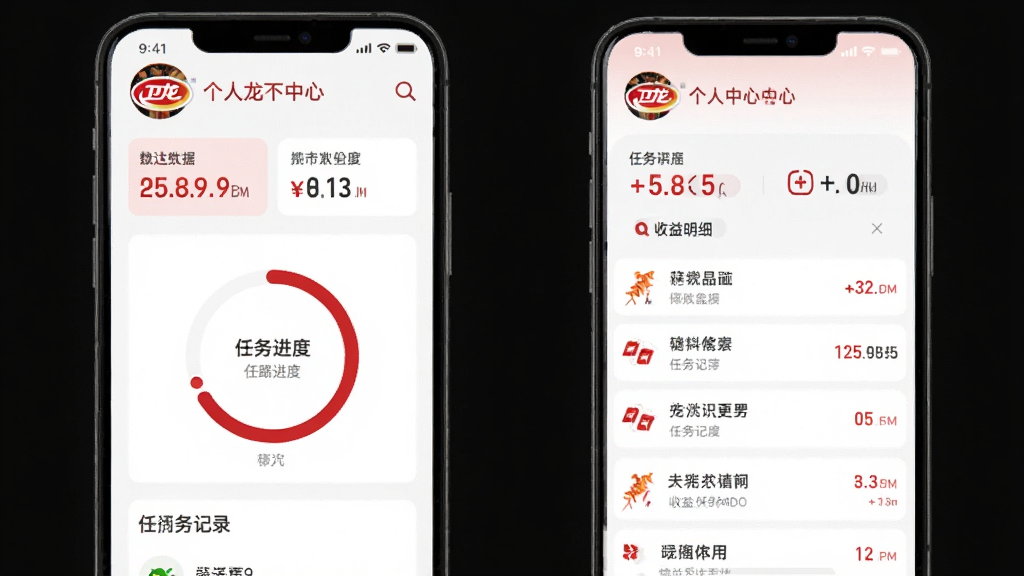 主体为卫龙龙天下个人中心页面,展示任务进度环形图与收益明细列表;布局为手机屏幕竖版,界面元素包括头像、统计数据卡片、任务记录;排版整齐,风格为简约商务风,主色调为白色与卫龙红;细节包括数字高亮、图标线条;画质高清,干净,无多余元素。