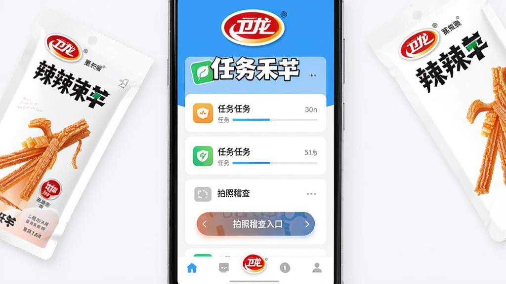 主体为一部安卓手机屏幕显示卫龙龙天下应用主界面,界面上方有卫龙品牌标志,中部为任务列表卡片与拍照稽查入口,底部为导航栏;布局为竖屏居中展示,手机两侧点缀卫龙辣条产品包装元素;排版清晰,风格为现代扁平化科技感,细节包括任务图标、进度条、按钮高亮;画质高清,干净,无多余元素。