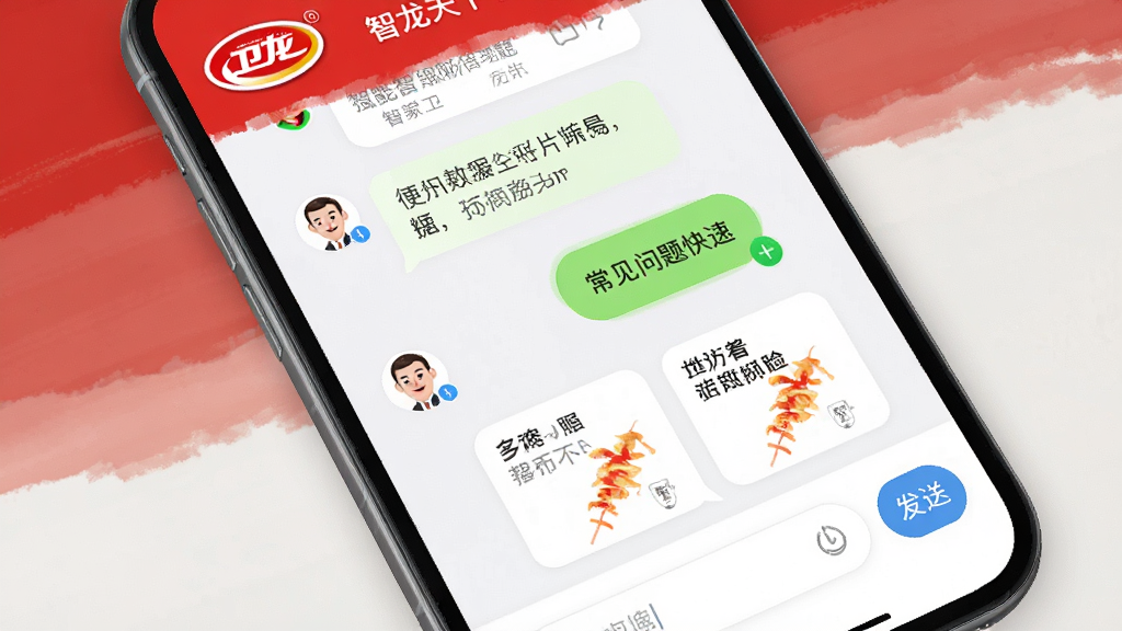 主体为卫龙龙天下应用内的智能客服对话界面,屏幕显示聊天气泡与常见问题快捷按钮;布局为手机竖屏特写,背景带有卫龙品牌红色调;排版简洁,风格为清新明快的UI设计,细节包括客服头像、输入框、发送按钮;画质高清,干净,无多余元素。