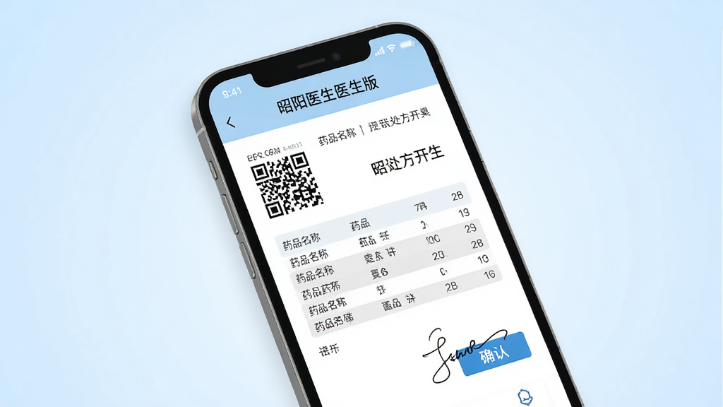 主体为一部智能手机,屏幕上显示“昭阳医生医生版”的电子处方开具页面,处方单上有药品名称和医生签名;布局采用手机界面特写,背景为干净的浅蓝色渐变;排版突出手机屏幕内容,四周留白;风格为扁平化UI展示风格;细节包括处方单上的二维码、药品列表和确认按钮;画质高清,干净无多余元素。