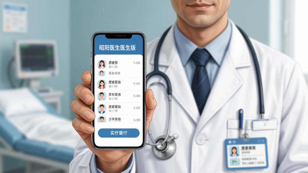 主体为一位穿着白大褂的医生手持手机,手机屏幕上显示“昭阳医生医生版”的诊疗界面;布局采用居中构图,医生位于画面中央偏右,手机屏幕内容清晰可见;排版简洁,背景为虚化的医院诊室环境;风格为写实医疗插画风格;细节包括医生胸牌、听诊器以及手机界面上的患者列表和处方按钮;画质高清,干净无多余元素。
