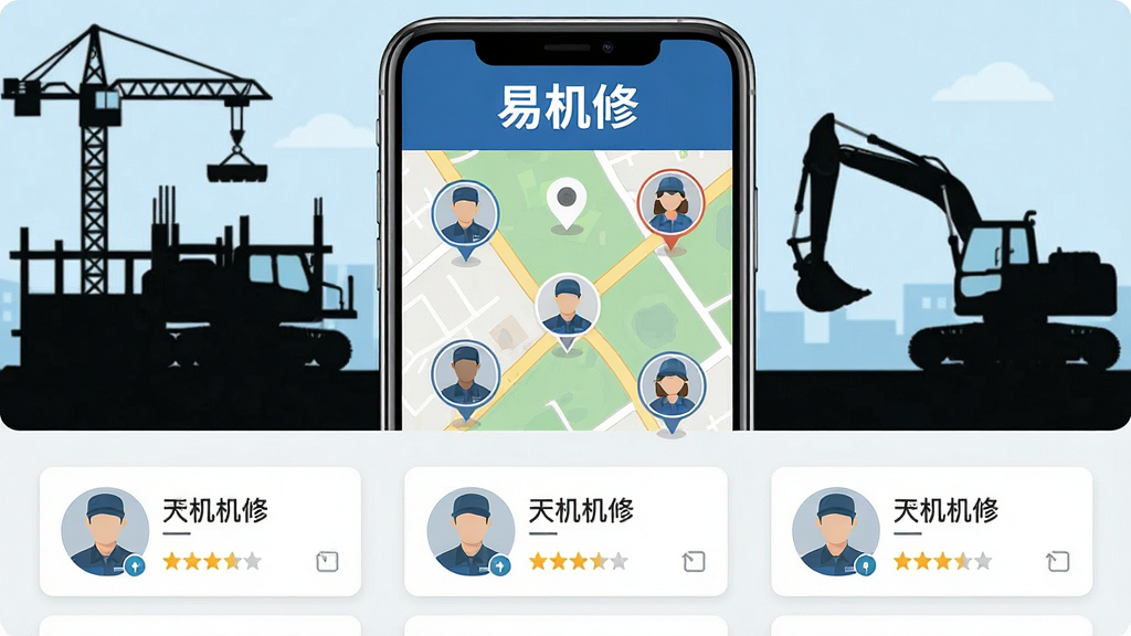 一张以“易机修”附近技师对接功能为主题的AI生成图片,画面主体为一部手机屏幕显示地图界面,地图上有多个技师头像标记,屏幕上方显示“易机修”文字,下方有技师列表卡片,背景为工地和工程机械剪影,布局采用上下结构,地图占据上半部分,技师列表占据下半部分,风格为扁平化UI设计风格,细节包括地图定位图标、技师头像、评分星级、手机边框,画质高清,干净整洁,无多余元素