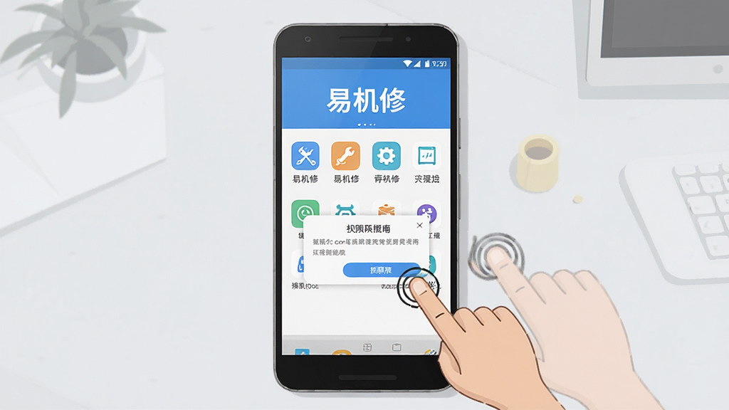 一张以“易机修”新手使用指南为主题的AI生成图片,画面主体为一部安卓手机屏幕显示“易机修”应用首页,屏幕旁边有手指点击操作的示意线条,背景为简洁的浅灰色桌面,布局采用居中构图,手机为视觉中心,风格为扁平化教程插图风格,细节包括手机屏幕上的“易机修”文字、首页功能图标、手指点击动作、权限弹窗示意,画质高清,干净整洁,无多余元素