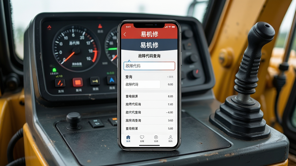 一张以“易机修”故障代码查询功能为主题的AI生成图片,画面主体为一部智能手机放置在工程机械驾驶室操作台上,手机屏幕显示“易机修”应用界面,界面中有故障代码输入框和查询结果列表,背景为挖掘机仪表盘和操作杆,布局采用居中构图,手机屏幕为视觉焦点,风格为科技感写实风格,细节包括屏幕上的文字“易机修”“故障代码查询”、仪表盘指示灯、操作杆纹理,画质高清,干净整洁,无多余元素
