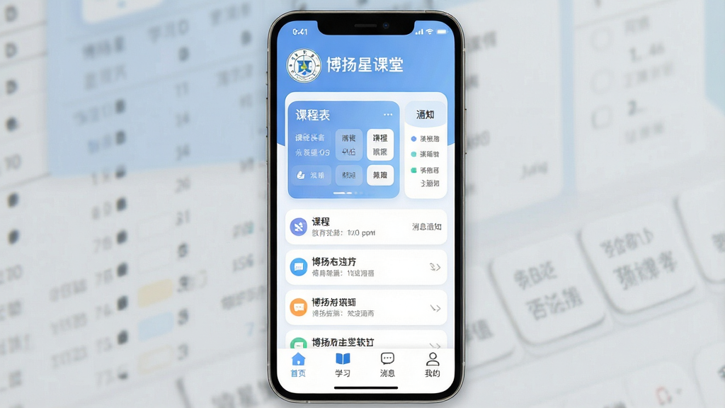 博扬星课堂软件主界面展示,主体为一款手机屏幕画面,布局居中对齐,顶部显示软件名称“博扬星课堂”与校徽图标,中部为课程表卡片与消息通知列表,底部为导航栏包含首页、学习、消息、我的四个图标,排版简洁清晰,风格为现代教育类App界面设计,细节包含柔和的蓝白配色、圆角卡片、扁平化图标,画质高清,干净,无多余元素