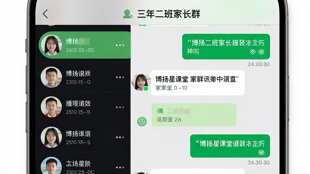 博扬星课堂家校聊天界面,主体为手机聊天窗口,布局为左侧联系人列表右侧对话气泡,顶部显示“三年二班家长群”字样,排版为标准的即时通讯界面,风格清新简洁,细节包含绿色和白色的对话气泡、时间戳、已读标记,画质高清,干净,无多余元素