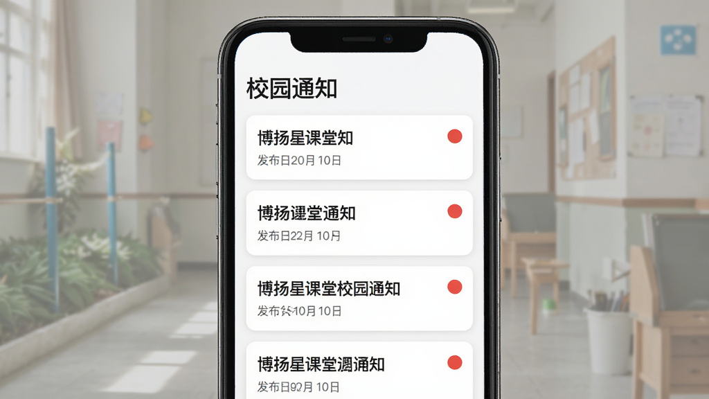 博扬星课堂校园通知列表页面,主体为手机屏幕显示多条通知卡片,布局为垂直列表,顶部标题“校园通知”,排版清晰,风格为资讯类界面设计,细节包含通知标题、发布日期、未读红点标记,画质高清,干净,无多余元素