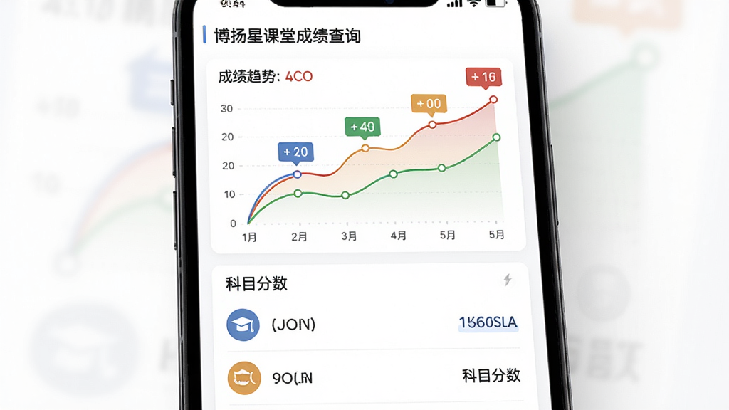 博扬星课堂成绩查询页面,主体为手机屏幕展示成绩趋势折线图与科目分数列表,布局为上方图表下方列表,排版为数据可视化风格,细节包含彩色折线、分数标签、科目图标,画质高清,干净,无多余元素