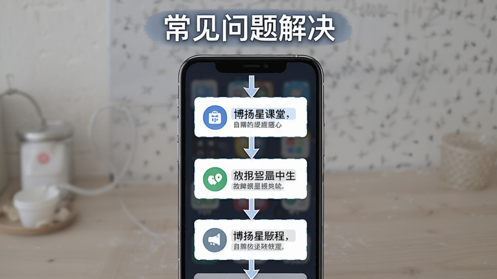 博扬星课堂问题解决流程图,主体为手机屏幕显示故障排查步骤,布局为从上到下的流程图形式,顶部标题“常见问题解决”,排版为步骤卡片垂直排列,风格为教程类界面,细节包含箭头连接、图标标注、文字说明框,画质高清,干净,无多余元素