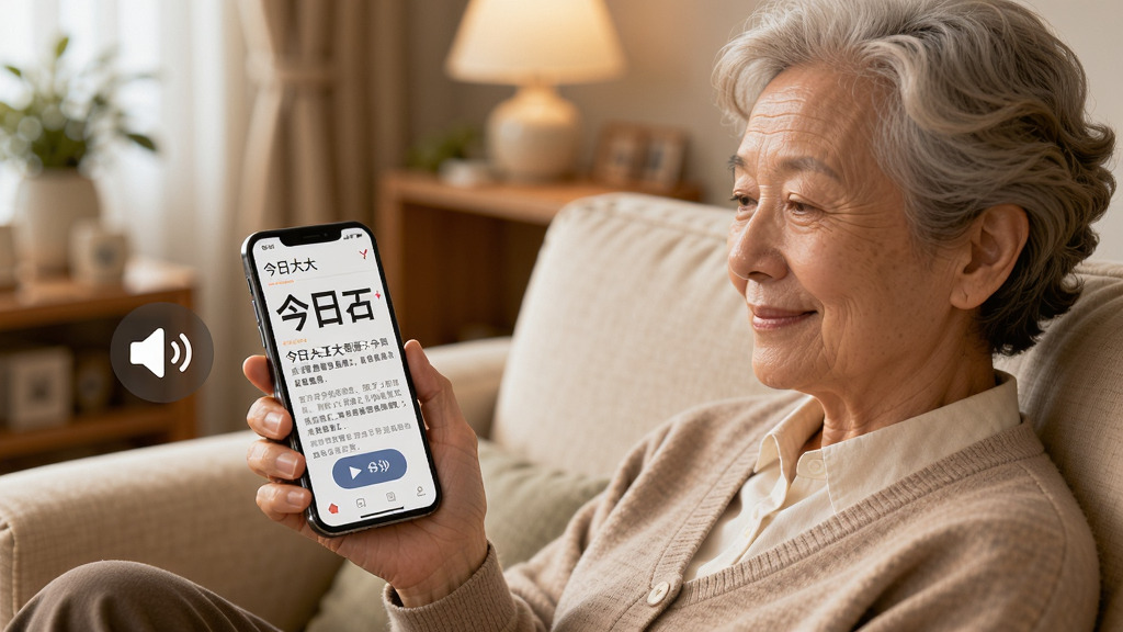 画面描绘一位中老年用户坐在舒适的沙发上,手持手机使用今日大字看APP,手机屏幕显示超大字体新闻,旁边有一个语音播报按钮图标,背景为温馨的家居环境,风格温暖亲切,细节突出用户轻松阅读的表情,画质高清,干净无多余元素。