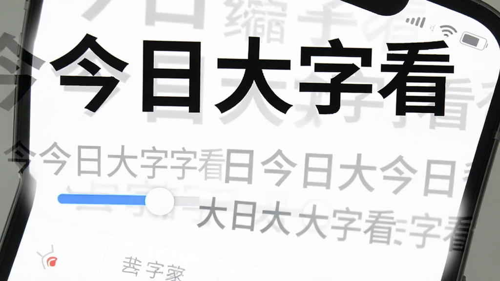 画面展示一部手机屏幕特写,屏幕上显示今日大字看APP的字体调节界面,一个醒目的滑块控制字体大小,旁边用超大号字体写着