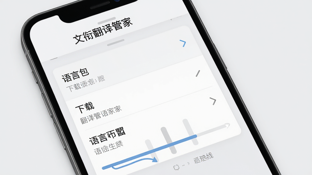 文衔翻译管家离线翻译设置页面,手机屏幕展示语言包下载列表与进度条,背景为浅灰色极简风格,界面顶部有