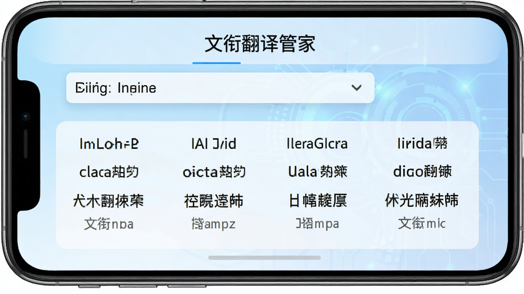 文衔翻译管家多语种翻译功能界面,手机屏幕展示中英日韩四种语言并排对照翻译结果,顶部有语言切换下拉菜单,背景为淡蓝色科技感渐变,界面布局清晰,文字