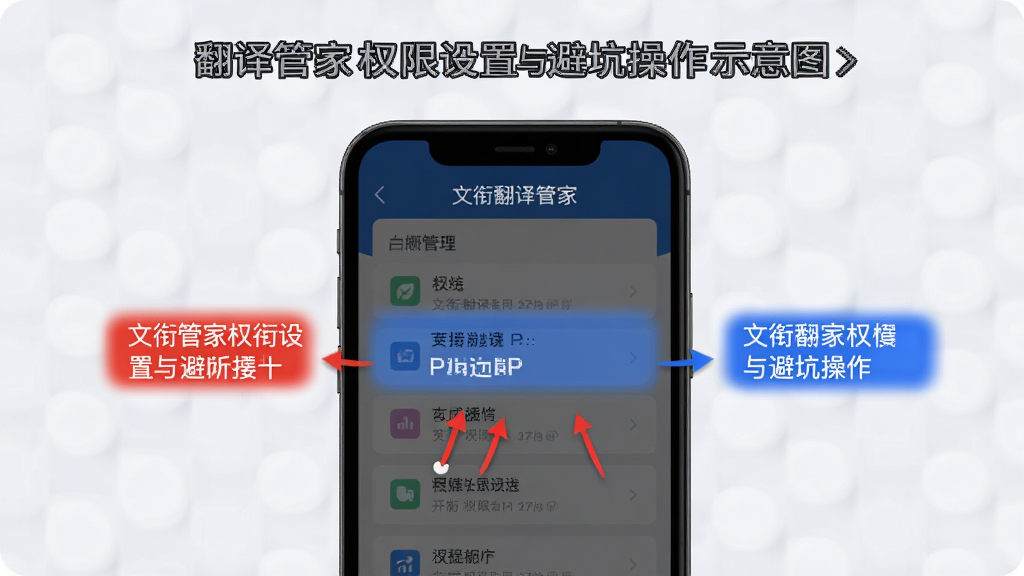 文衔翻译管家权限设置与避坑操作示意图,手机屏幕展示权限管理页面与红蓝高亮提示标注,背景为浅灰白色调,界面包含