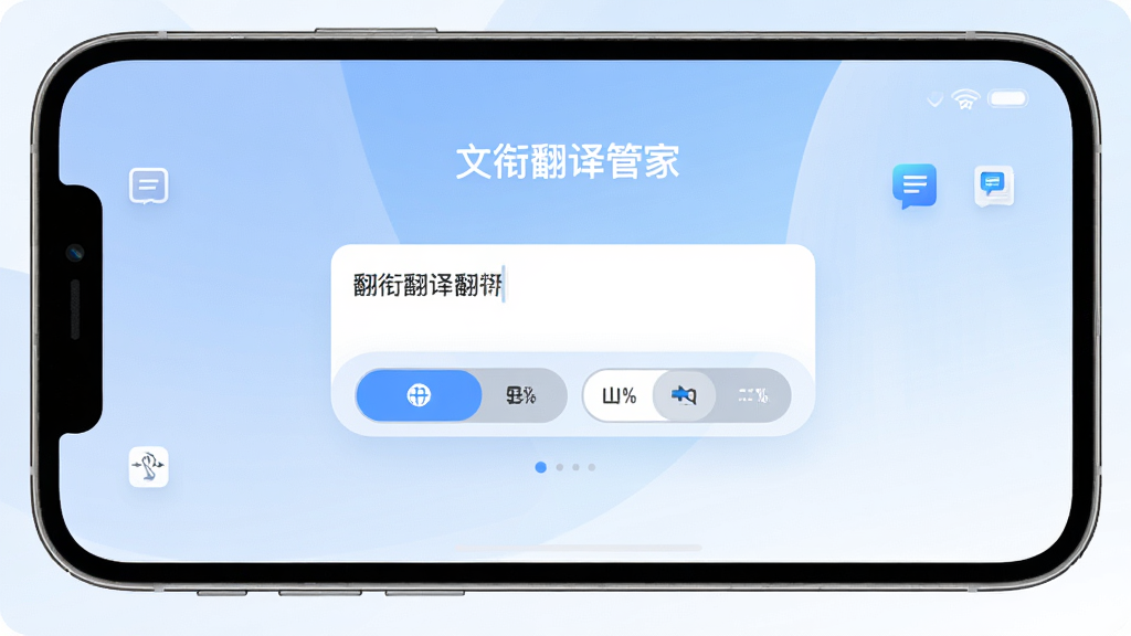 文衔翻译管家软件主界面全貌展示,手机屏幕中央显示翻译输入框与多语言切换按钮,背景是柔和蓝白渐变色调,界面干净整洁,图标清晰,主体文字